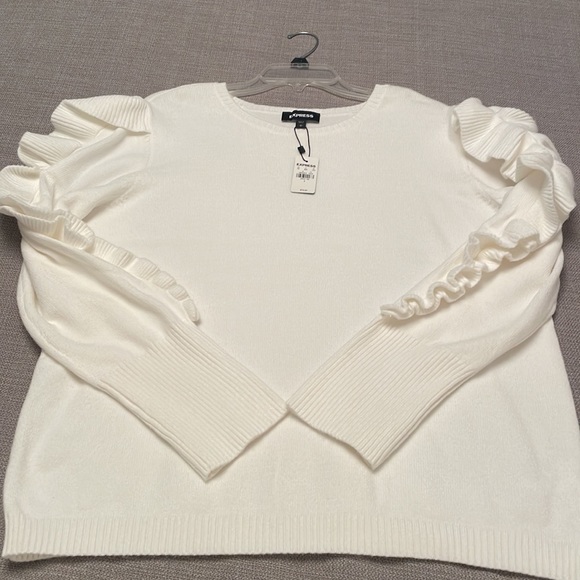 NWT $74 EXPRESS Pullover Off White Sweater Top with Ruffle Arm Accents Large - Picture 8 of 13